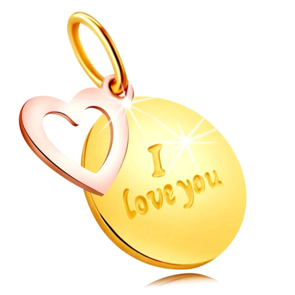 Prívesok z kombinovaného 585 zlata - okrúhla známka s nápisom "I love you"
